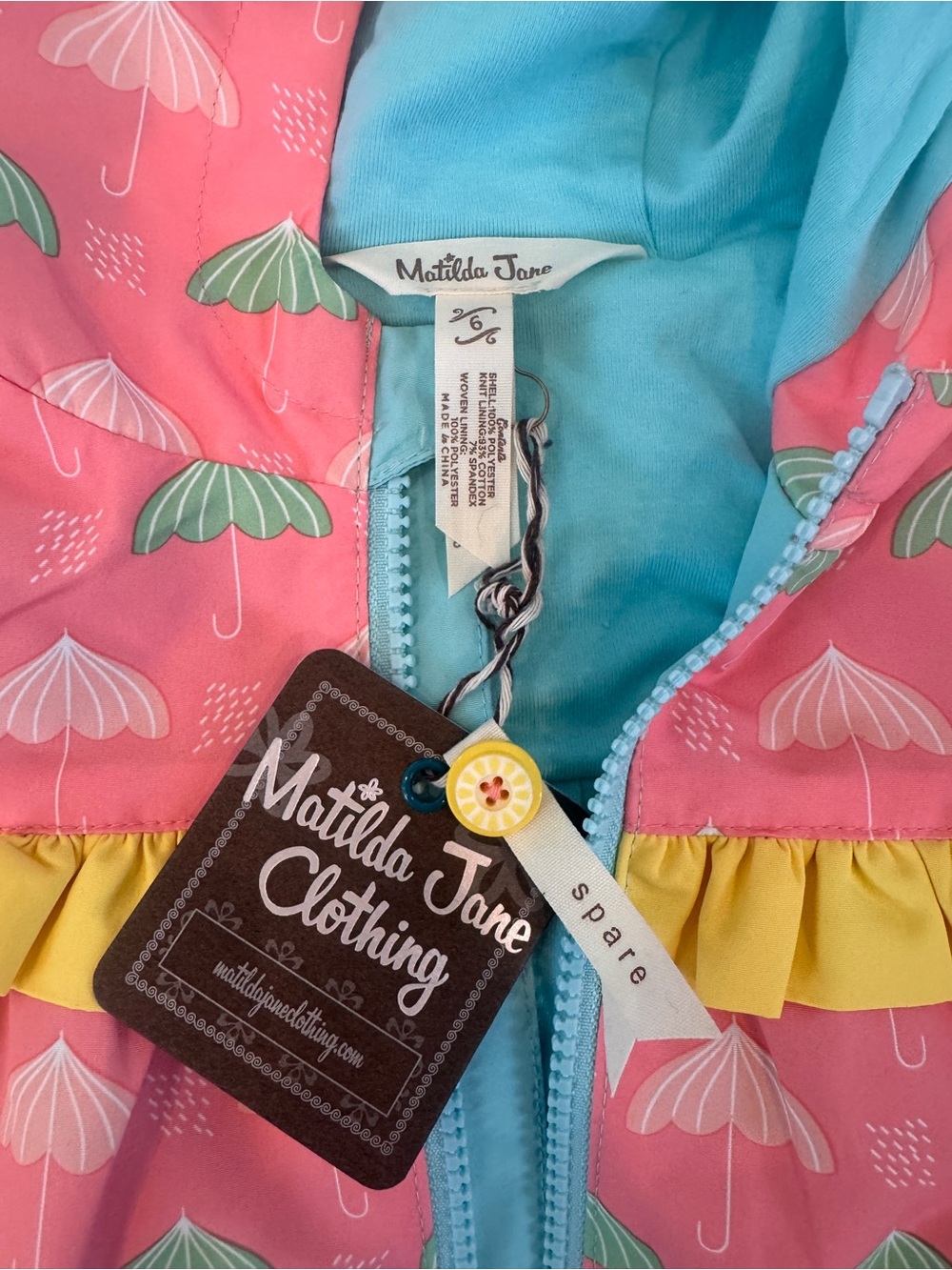 Matilda Jane Pink & Aqua Umbrella Hooded Jacket with Yellow Ruffle - Picture 3 of 3